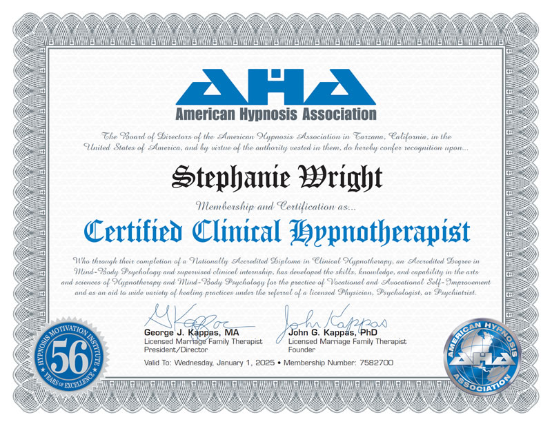 Certificate: American Hypnosis Association - Certified Clinical Hypnotherapist