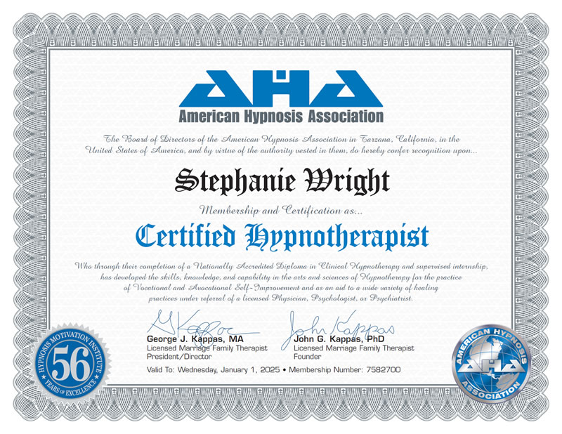 Certificate: American Hypnosis Association - Certified Hypnotherapist (CHt)