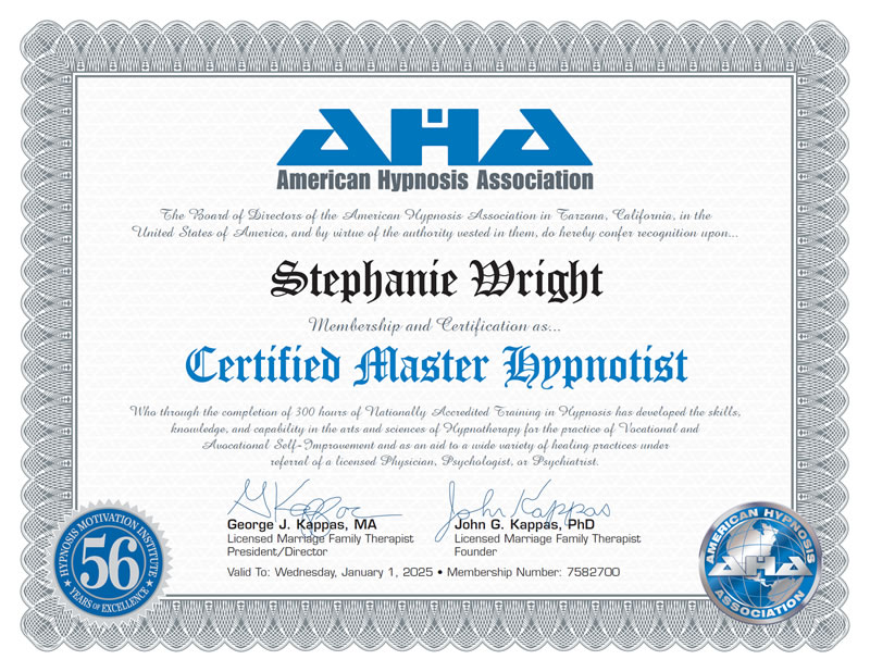 Certificate: American Hypnosis Association - Certified Master Hypnotist (CMH)