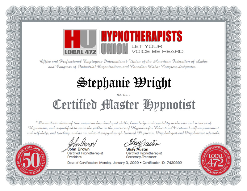 Certificate: Hypnotherapists Union Local 472 - Certified Master Hypnotist