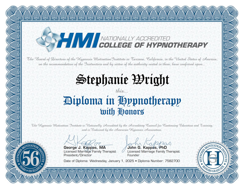 Certificate: HMI College of Hypnotherapy - Diploma in Hypnotherapy with Honors
