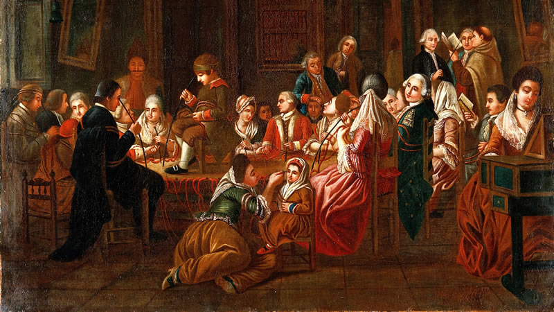 Franz Mesmer’s group sessions, by C-L. Desrais, (c. 1780)